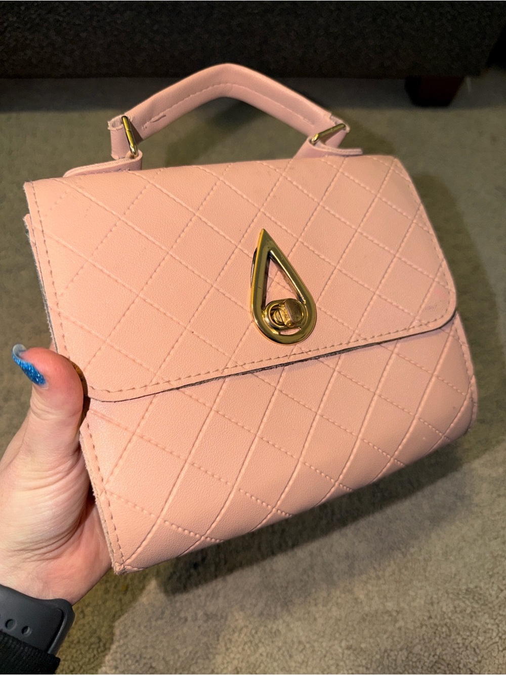 Blush Pink Quilted Top Handle Mini Purse Gold Tone - Picture 3 of 11
